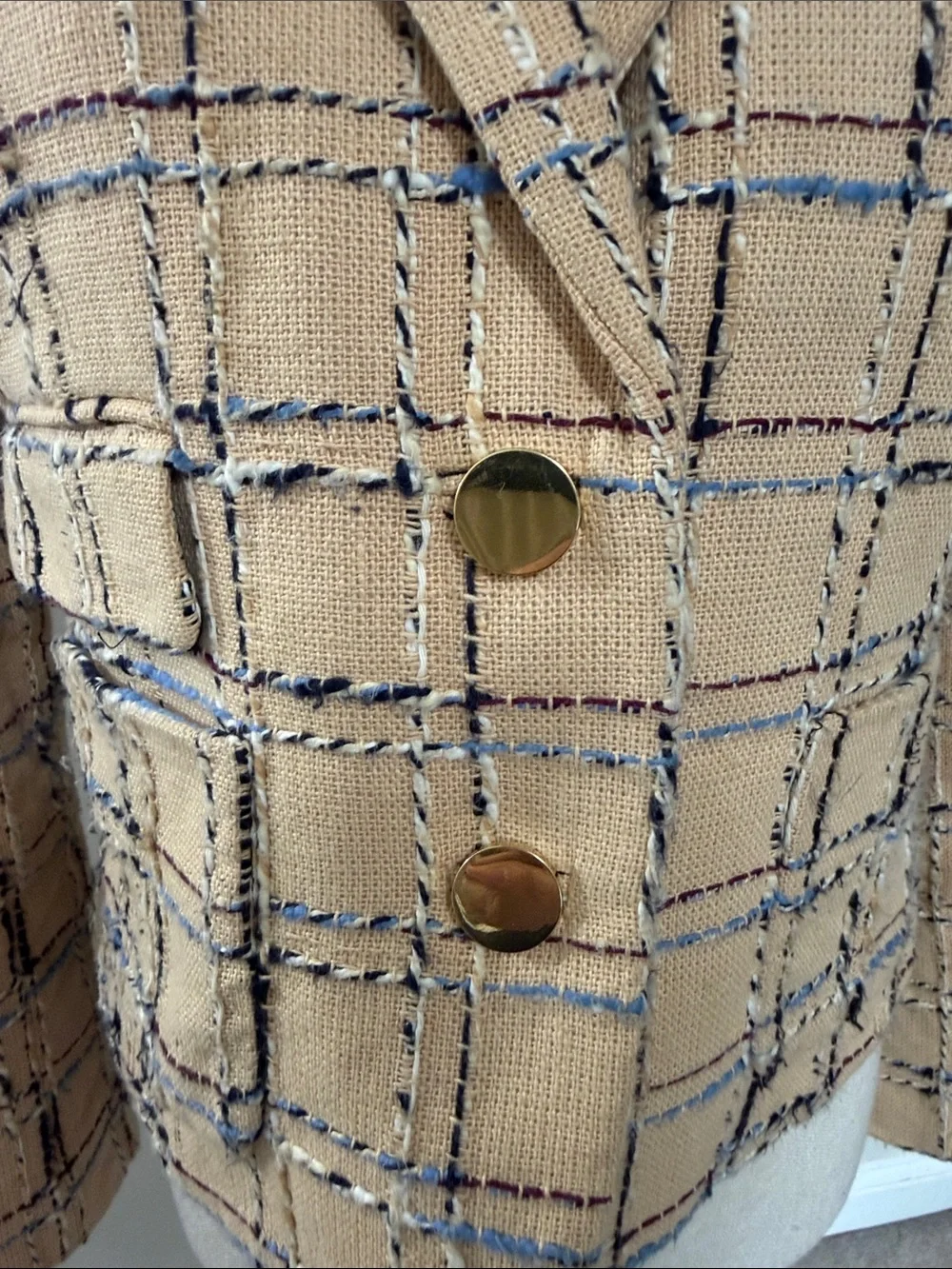 Tory Burch Beige Plaid Tweed Blazer with Navy Accents